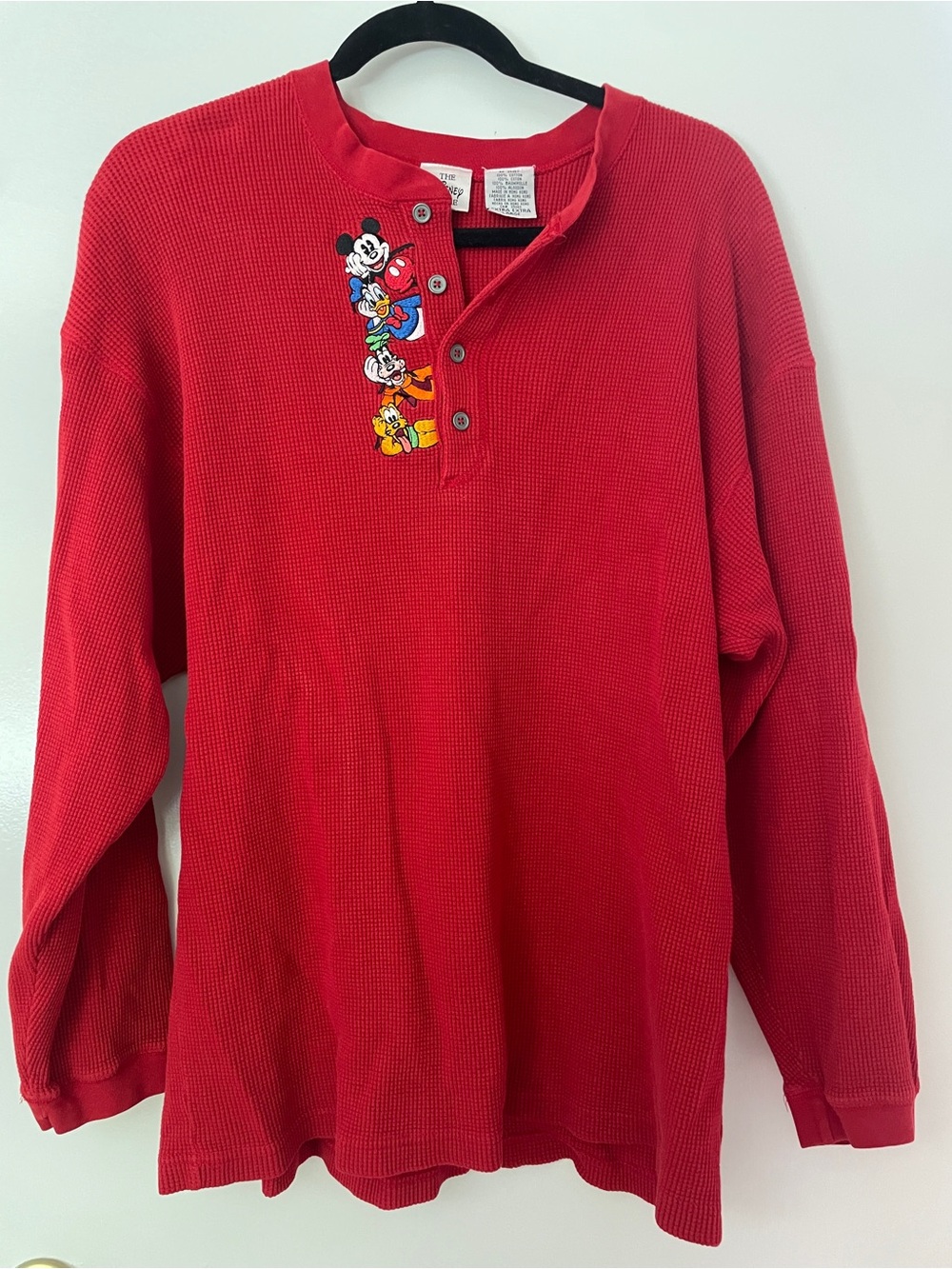 Vintage Red Mickey Mouse Waffle Henley Long-Sleeve Shirt. Unisex Size XXL